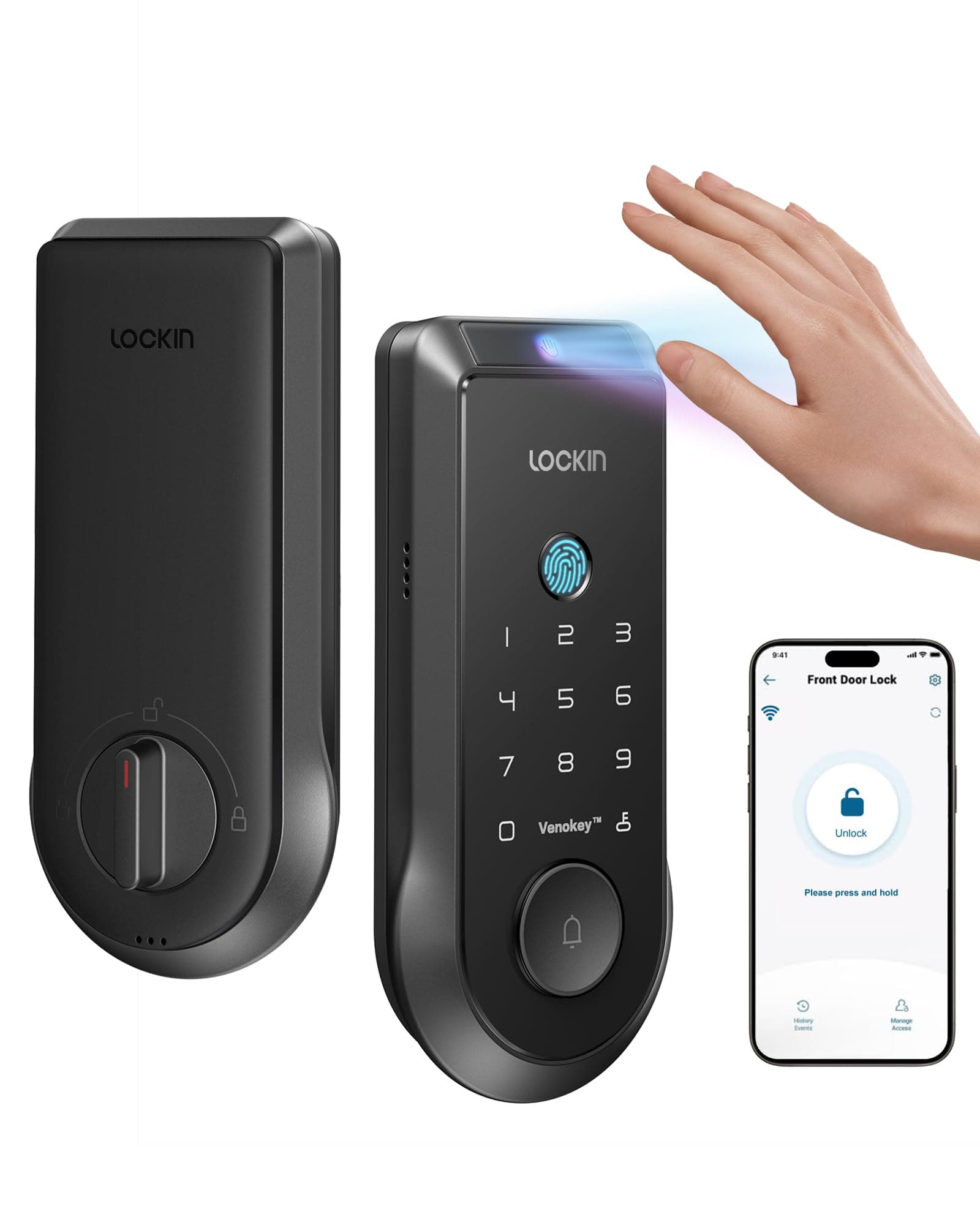 Lockin Venoris Smart Lock - Palm Vein & Fingerprint Keyless Entry Door Lock - 6 Unlock Methods - Built-in WiFi - Smart Home Compatible - No Monthly Subscription - 7-Month Battery Life Single Battery Palm Vein（No Camera） Black