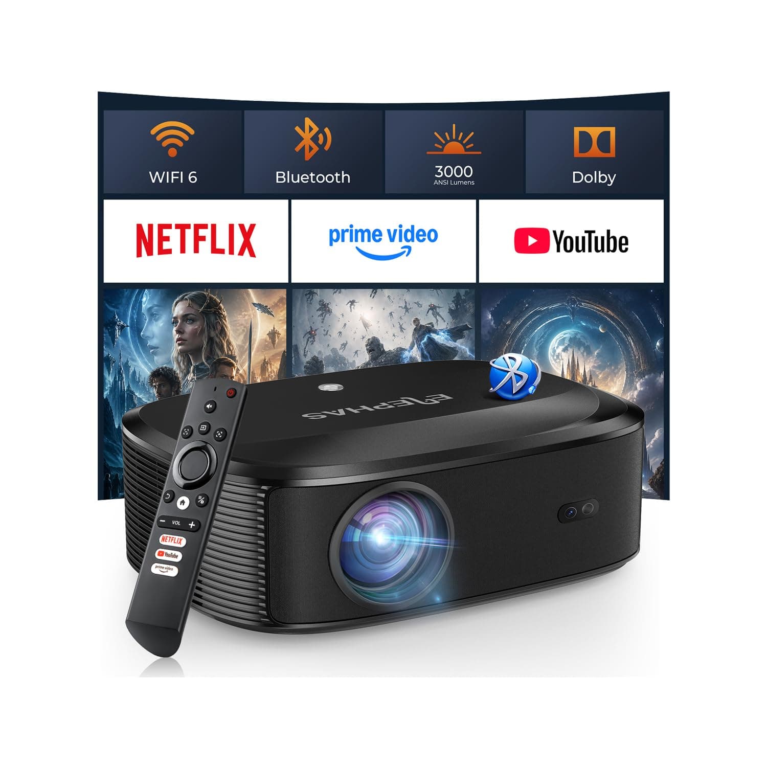4K Projector with WiFi and Bluetooth - 3000 ANSI Lumens, ELEPHAS Outdoor Movie Projector Compatible with NETFLIX/Prime Video/YouTube, Smart Projector for HDMI/USB/iOS/Android, Portable Home Cinema Black