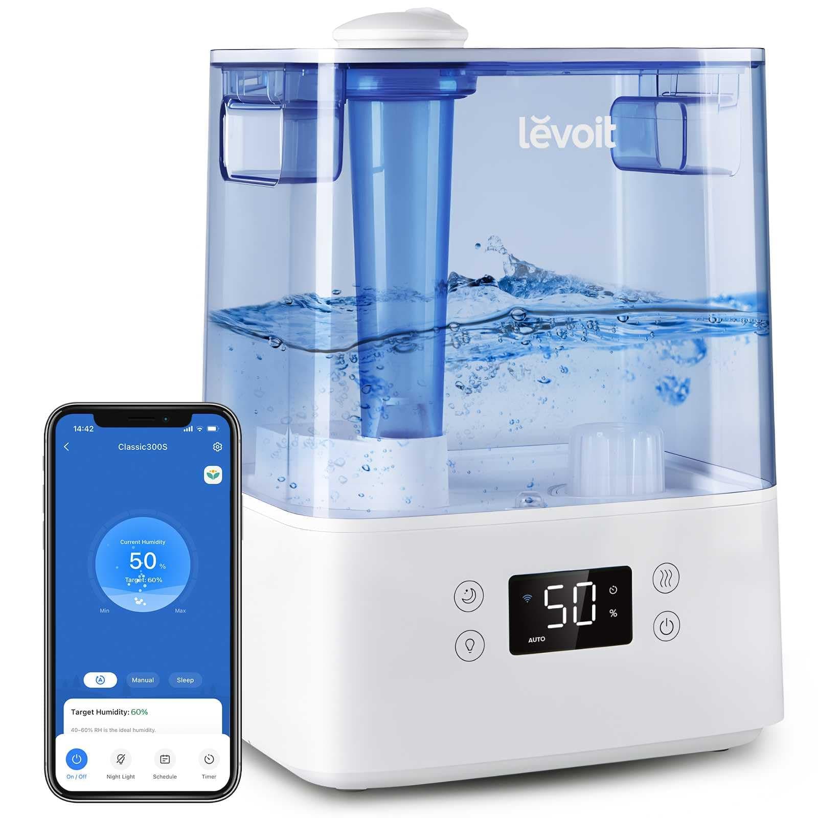 LEVOIT Classic300S Ultrasonic Smart Top Fill Humidifier, Extra Large 6L Tank for Whole Family, APP & Voice Control, Essential Oil Diffuser, Humidity Setting with Sensor, Quiet Sleep Mode, Night Light 6L Smart Blue